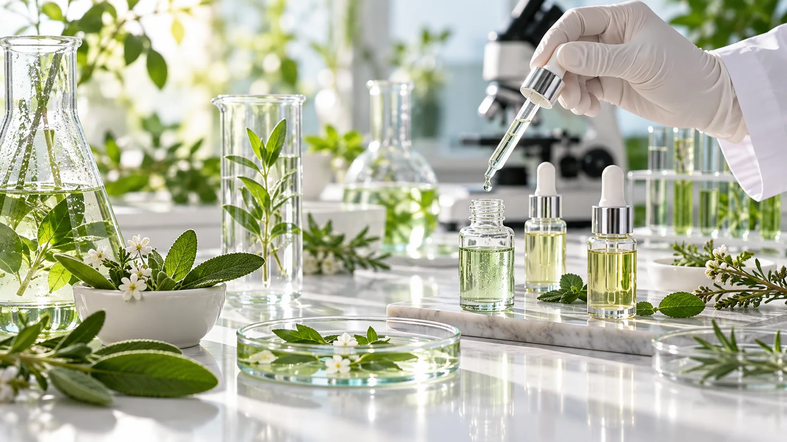 Laboratuvarda dermokozmetik serum formülasyonu üzerinde çalışan uzman eli ve numune şişeleri