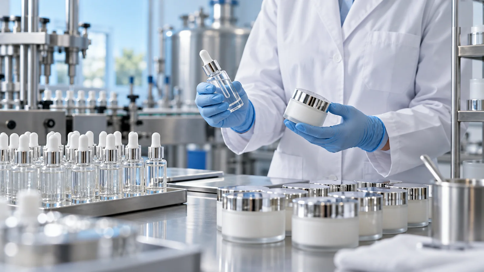 Kozmetik üretim alanında serum ve krem numunelerini değerlendiren laboratuvar personelini temsil eden görsel